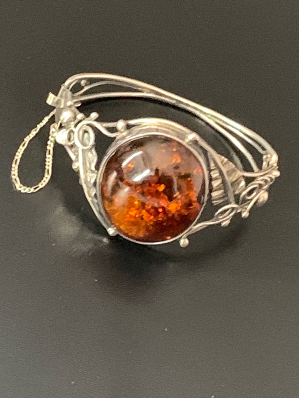 Unique Vintage Large 925 Sterling Silver Genuine Baltic Amber Cuff bracelet  35g